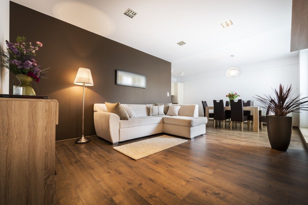 brown hardwood and white rug in living room from Troy Flooring Center on Troy, MO area