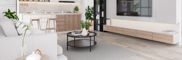 luxury vinyl flooring in modern living room / kitchen combo